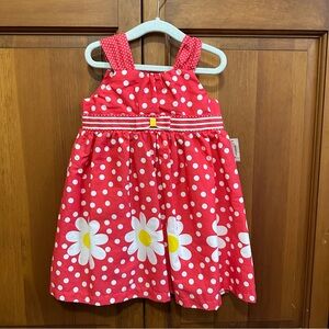 Blueberri dark coral and white Polka Dot Dress with Daisy Print - 24 months